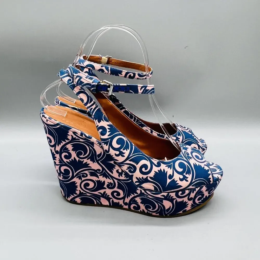 Marc By Marc Jacobs Shoes Womens 8.5 Blue Floral Wedge Slingback Heels Platforms